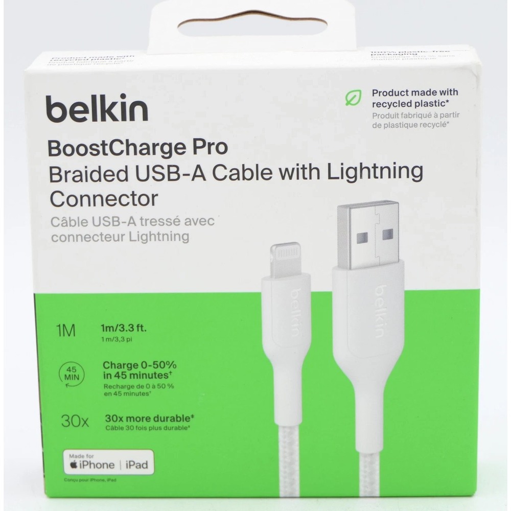 Belkin BoostCharge Pro Braided USB-A to Lightning Cable 15W 3.3 Ft MFi-Certified